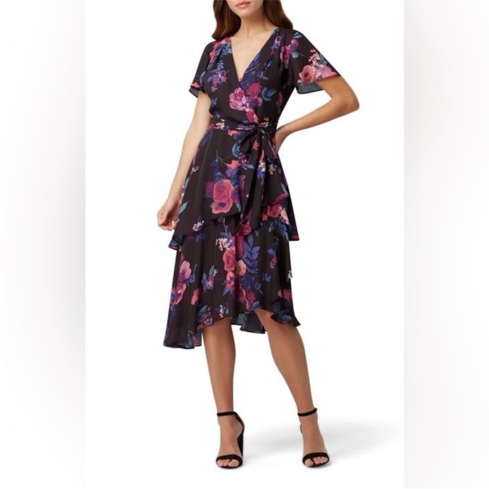 Tahari ASL Black and Pink Floral High Low Dress Size 4 - Picture 2 of 4